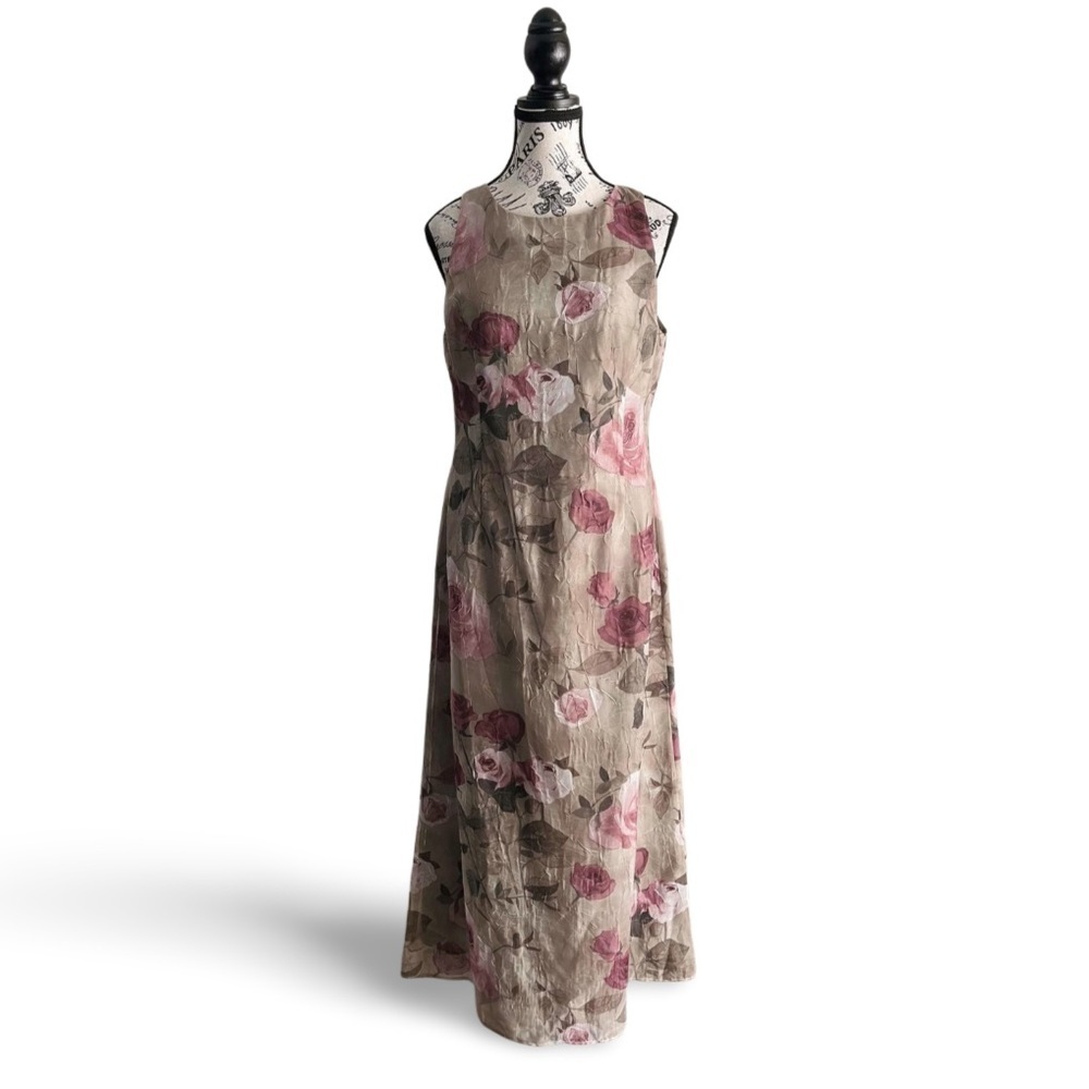 🇨🇦 Vintage 90s Muted Green and Rose Algo Crinkled Floral Maxi Dress Size 10P - Picture 2 of 7
